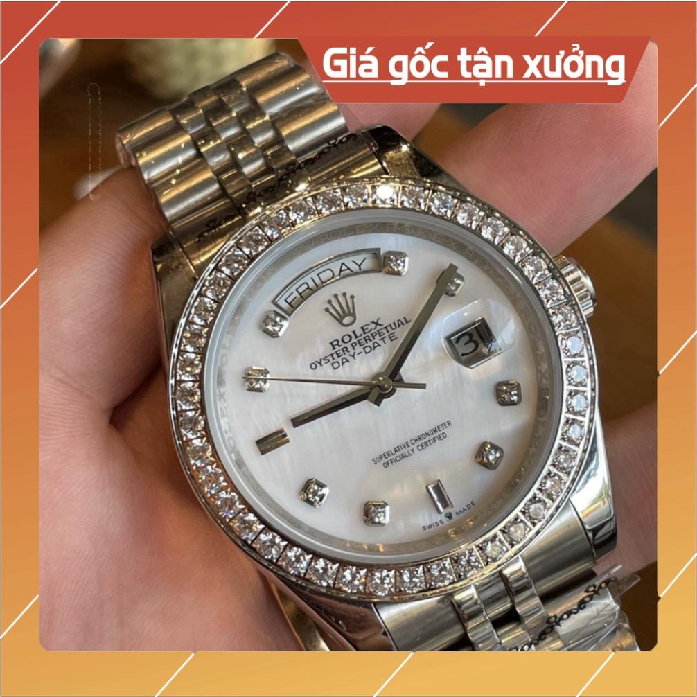 Đồng Hồ Nam RoLex Day-Date Sapphire RA82 Mặt TRẮNG viền đá Máy cơ Automatic Nhật