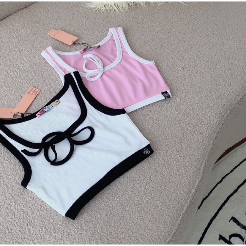 Áo thun croptop HEYBEE phối viền màu có nơ  - HAT11