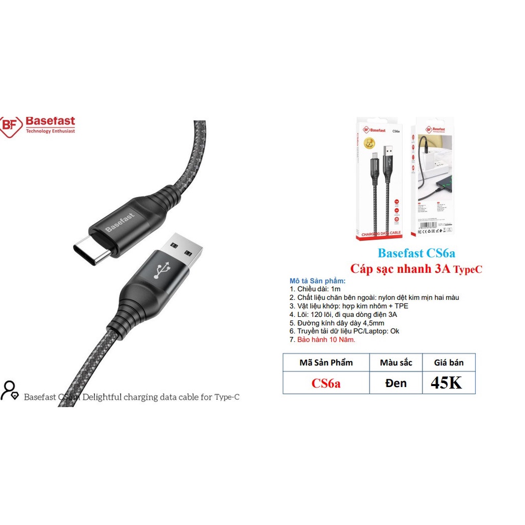 Cáp sạc nhanh cao cấp basefast chính hãng CS6/CS6i/CS6m 2.4A /3A bọc dù cho tất cả dòng máy iphone,samsung,oppo,android
