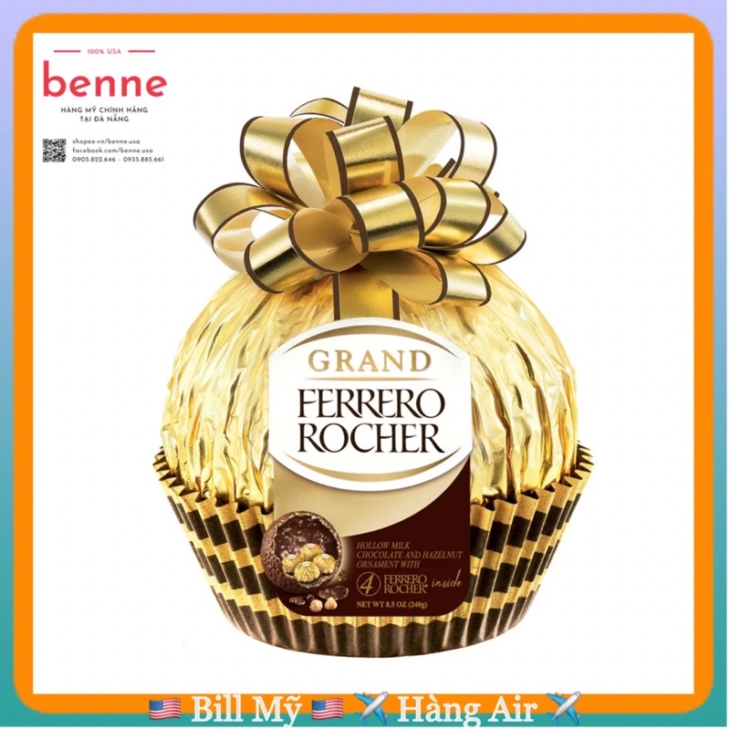 [🇺🇸 Hàng Mỹ] SOCOLA QUẢ CẦU FERRERO ROCHER GRAND 240g( bên trong có 4 viên) của Mỹ