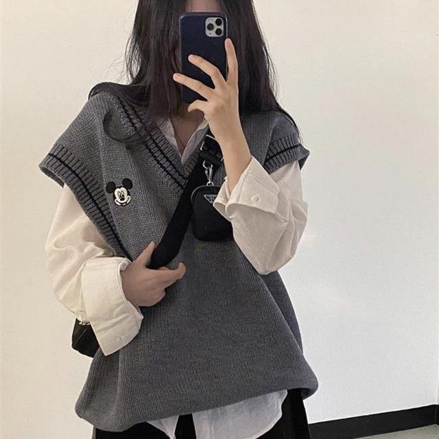 Áo Sweater Dệt Kim Không Tay Dáng Rộng Màu Sắc Đơn Giản Phong Cách Hàn Quốc