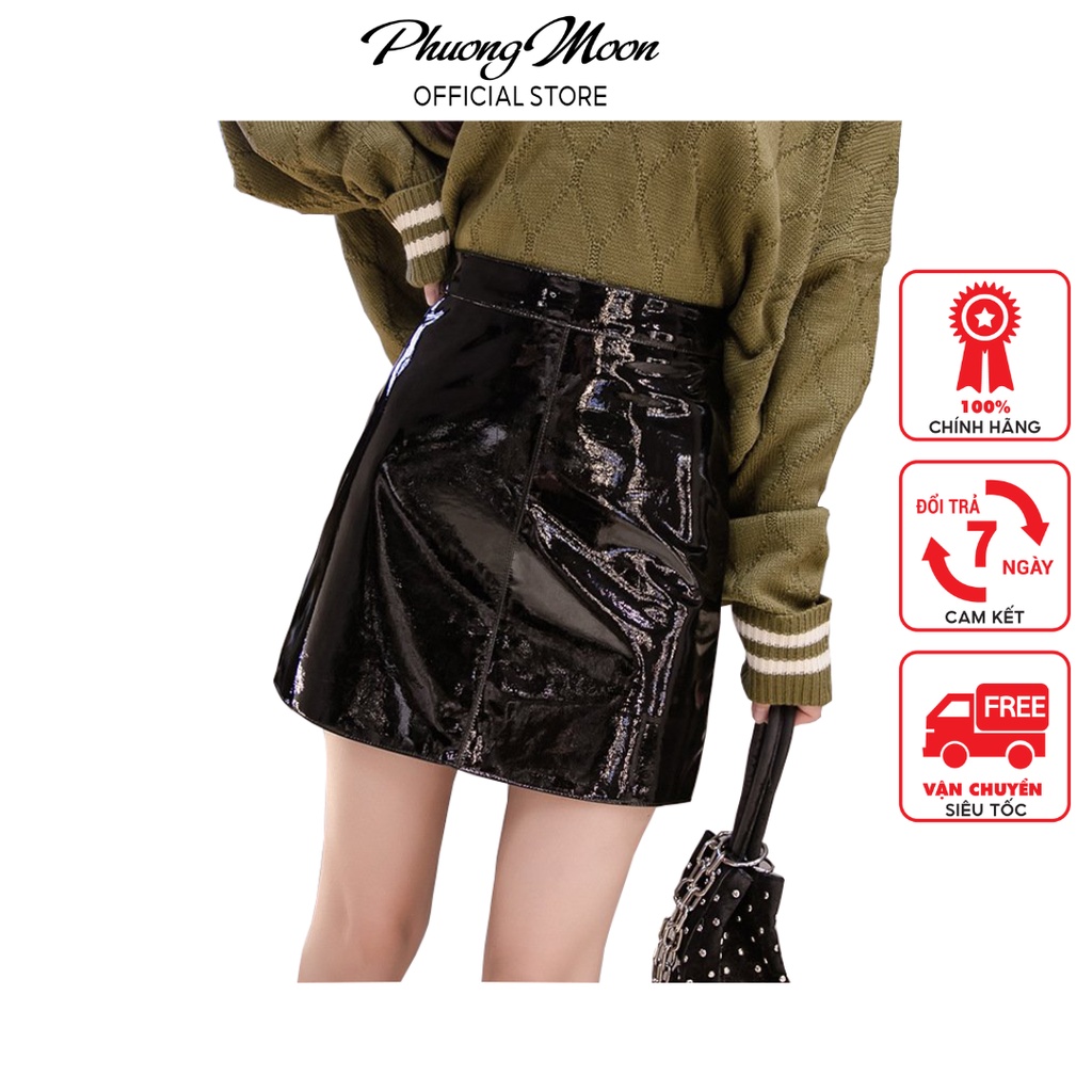 Chân váy da bóng PHUONGMOON, chân váy cạp cao, kiểu dáng sexy hiện đại