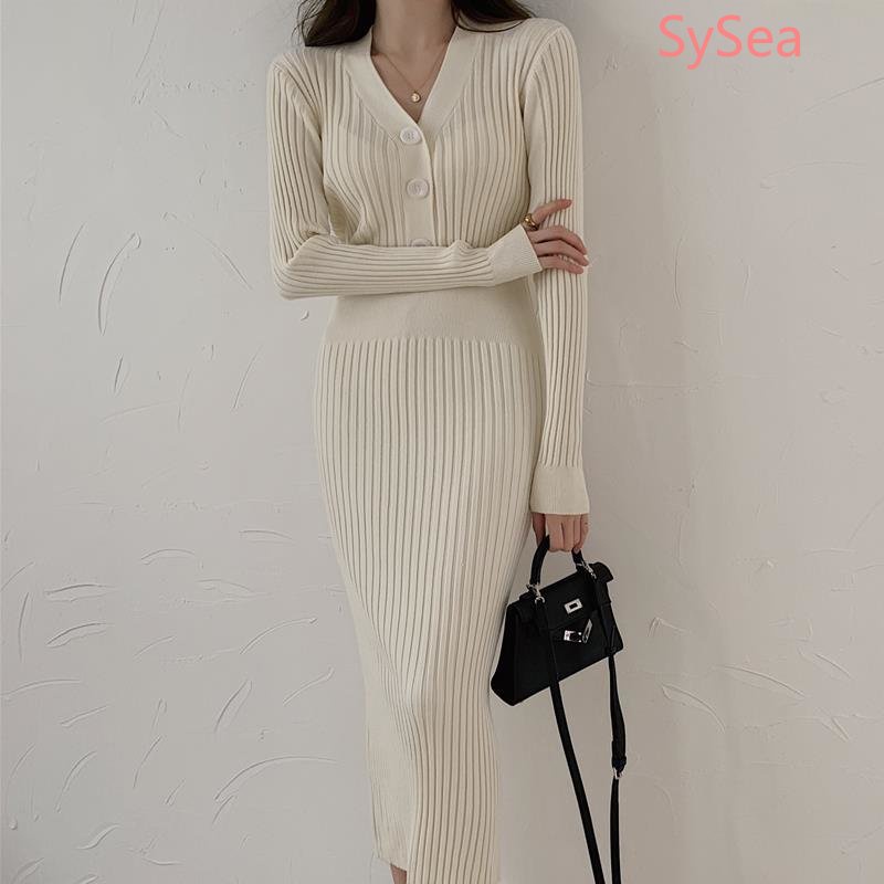 Đầm Dệt Kim Tay Dài Dáng Ôm Thời Trang Mùa Thu Xinh Xắn Cho Nữ