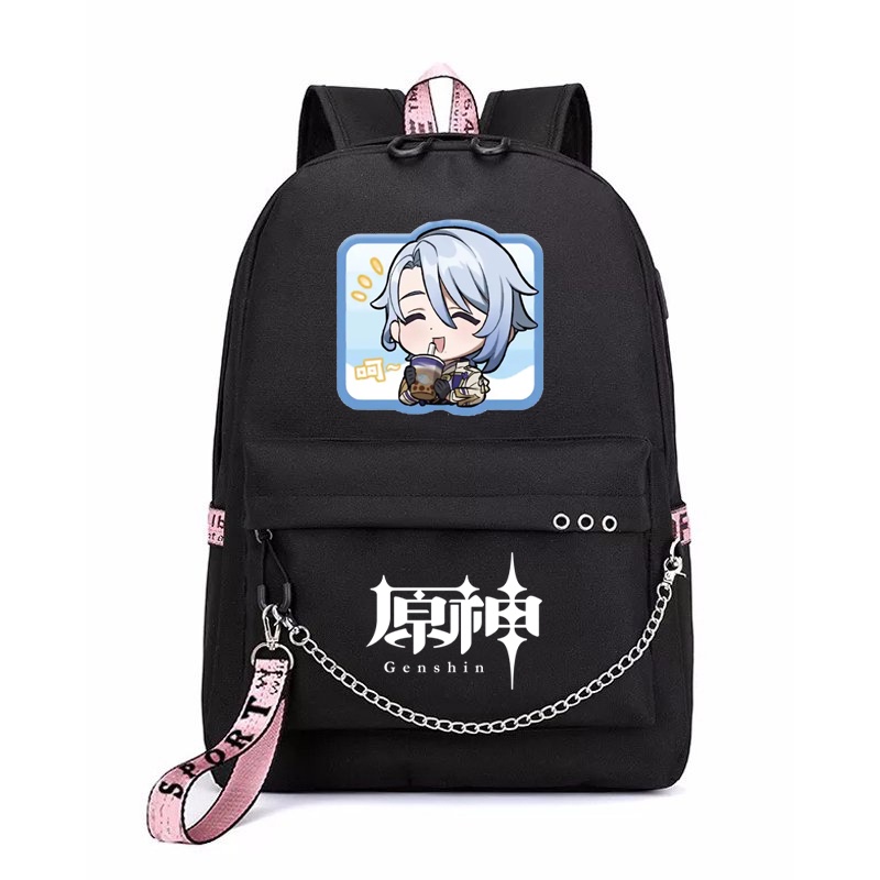 Balo thông minh đen in hình GENSHIN IMPACT ver CHỮ NHẬT CHIBI game anime chibi dễ thương cặp sách đi học