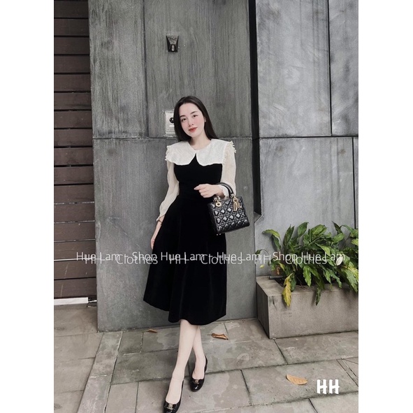 Váy nhung dài tay cổ bèo minashouse