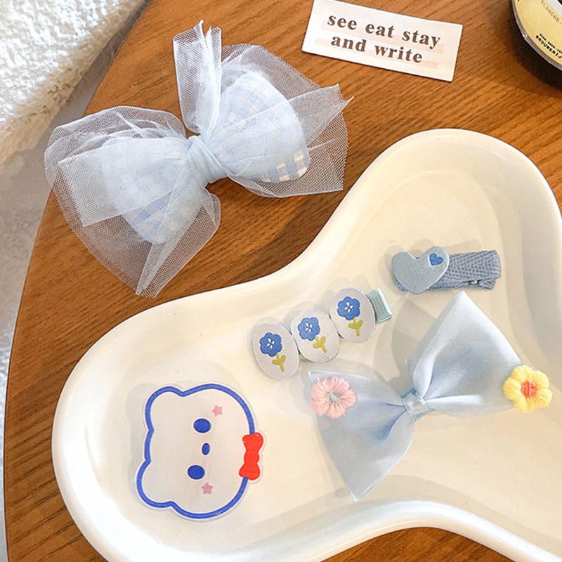 Set 5 Kẹp Tóc Nơ Lưới In Họa Tiết Hoa / Gấu Hoạt Hình Dễ Thương Cho Bé Gái