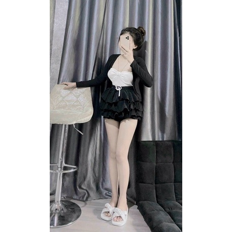 Set 3 món áo croptop 2 dây phối xích chân váy tầng dập ly kèm khoác ngoài - Bộ 3 món áo croptop dây xích chân váy