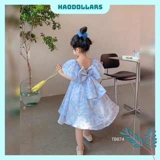 Váy hoa xanh tay bồng tiểu thư nơ sau cho bé
