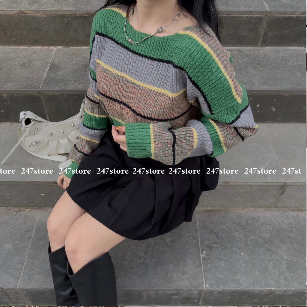 Áo len kẻ xanh croptop mã Aolenkengang1256