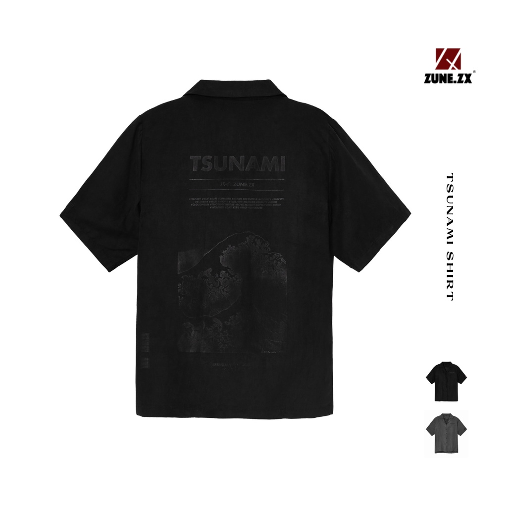 Áo sơ mi unisex Zune.zx tay lỡ đen xám form rộng in hoạ tiết, Tsunami shirt