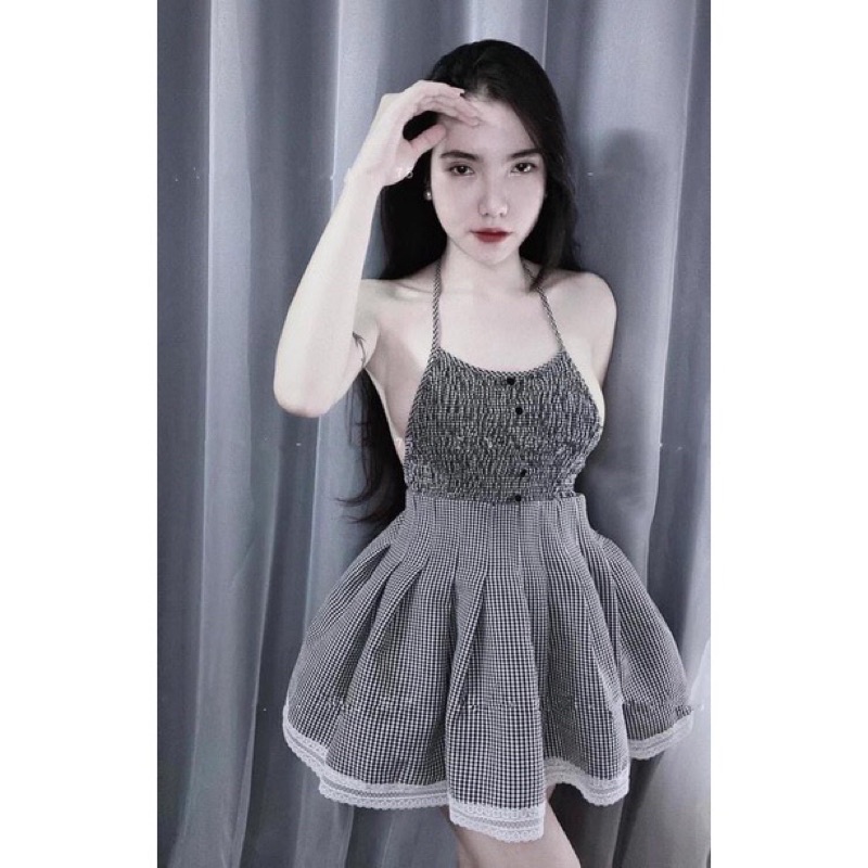 Set bộ Caro nhún babydoll áo yếm hở lưng kèm quần thun co giãn thiết kế trẻ trung dễ thương