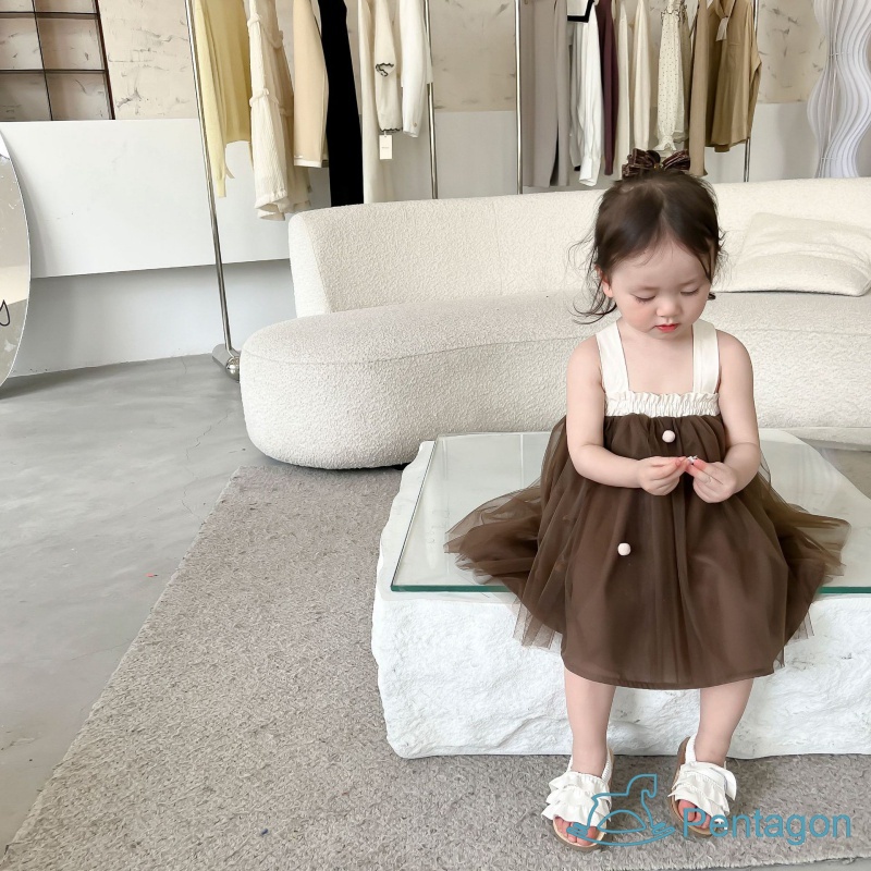 Đầm Lưới Công Chúa Hai Dây Thắt Nơ Lưng Màu Trơn Thời Trang Mùa Hè Cho Bé Gái