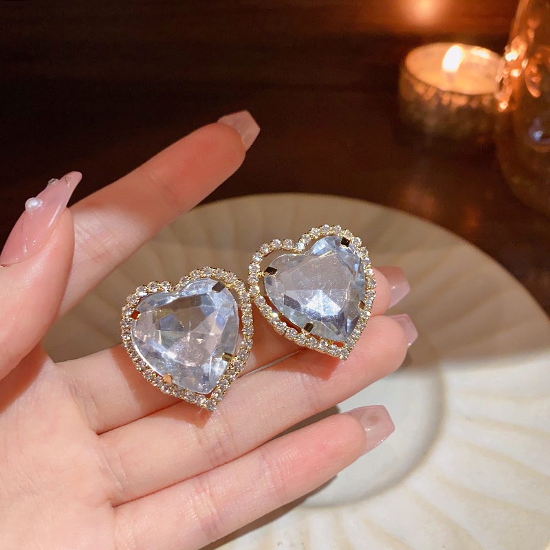 Bông Tai Hình Trái Tim Đính Đá Lấp Lánh Phong Cách Hàn Quốc Thời Trang Cho Nữ