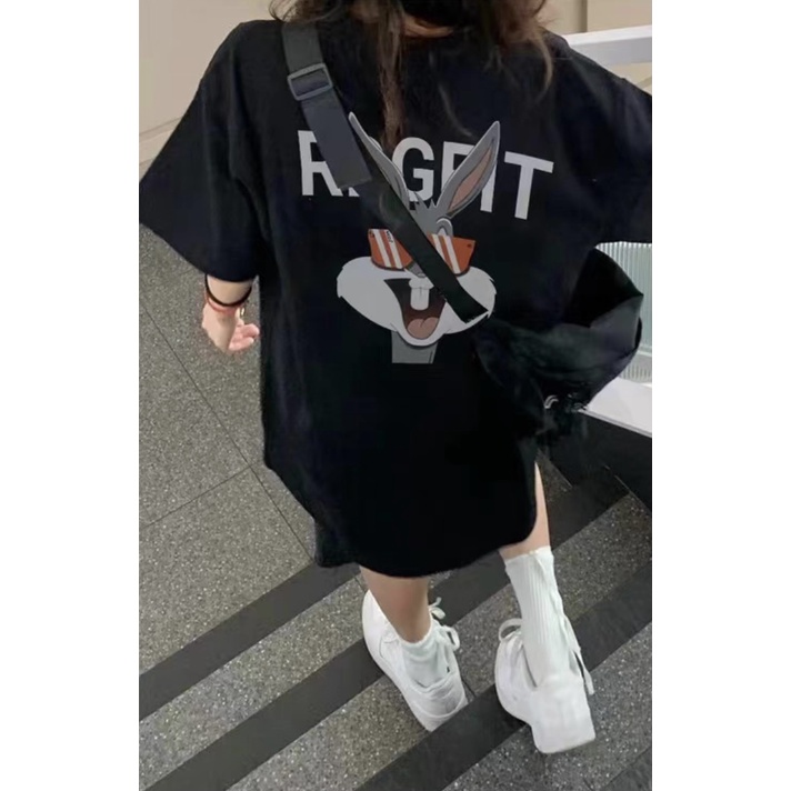 Áo Thun Ngắn Tay Dáng Rộng In Hình Thỏ Hoạt Hình Phong Cách Hàn Quốc