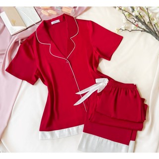 Bộ Pijama Lụa Đỏ Phối Voan Trắng Basic LPN28