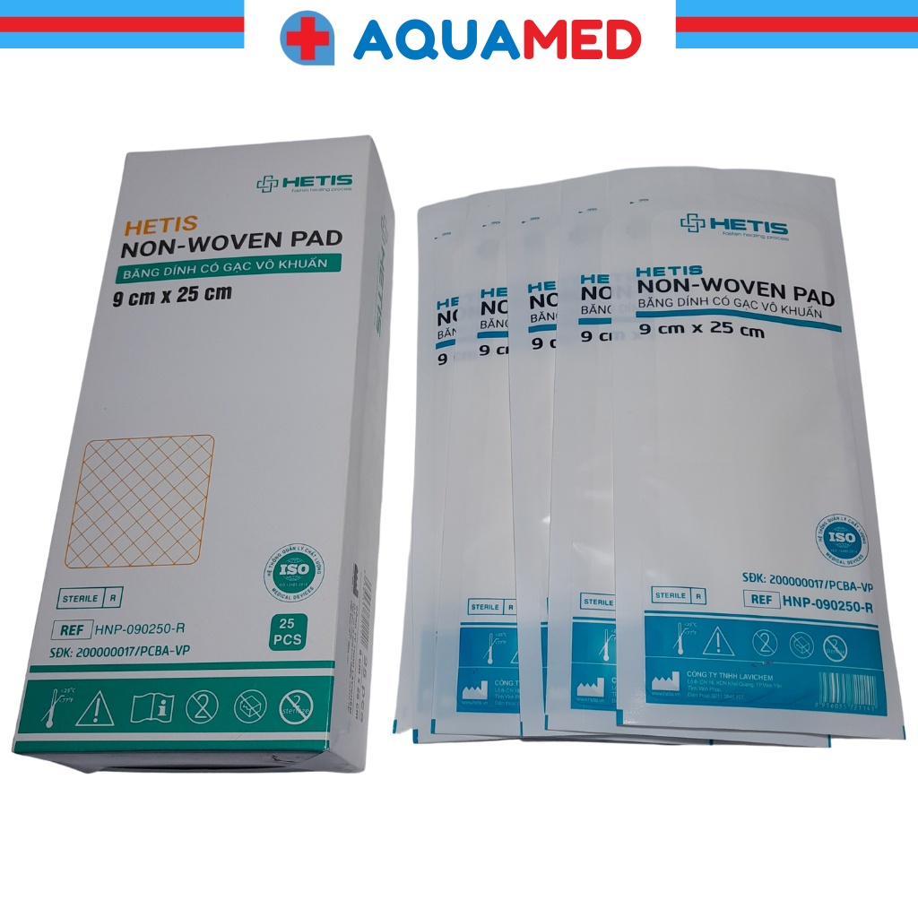 Băng dính có gạc vô khuẩn Ít bám dính vào vết thương giảm đau HETIS Non-Woven Pad size 9x25cm HNP-090250-R