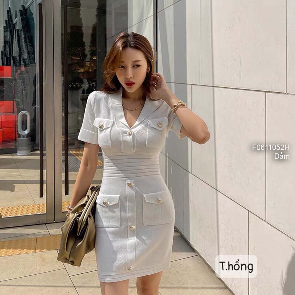 Đầm body len nút có túi cổ vest tay ngắn hàng QC!