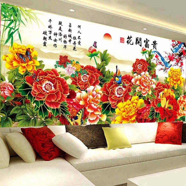 Tranh thêu chữ thập - Hoa Khai Phú Quý