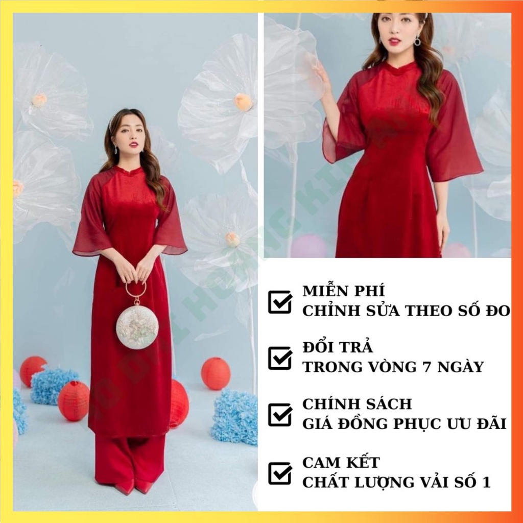 ÁO DÀI NHUNG CÁCH TÂN TAY PHỐI TƠ CÁCH ĐIỆU TRƠN MÀU ĐỎ MAY SẴN HIỆN ĐẠI
