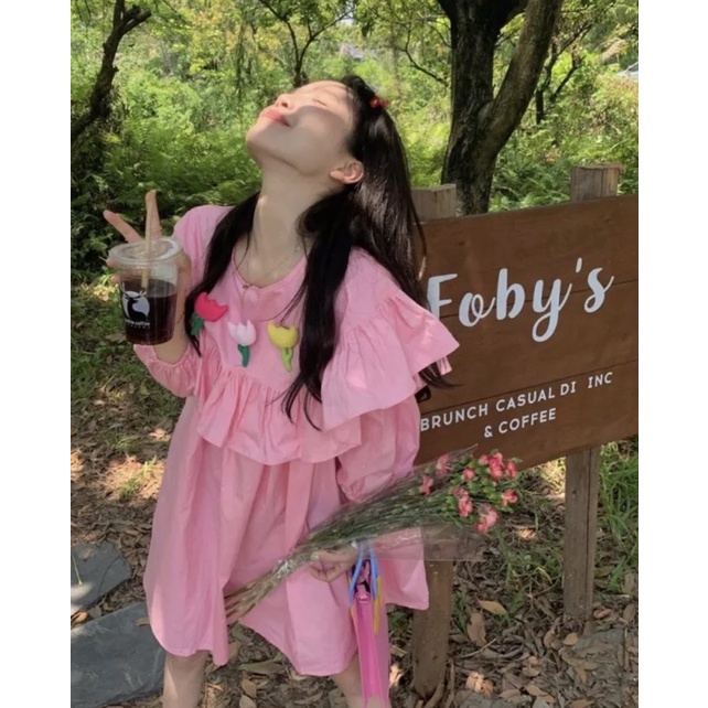 Đầm babydoll hồng búp bê viền bèo