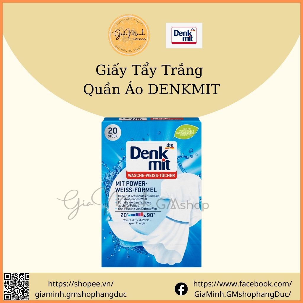 Giấy giặt tẩy quần áo trắng Denkmit, giấy tẩy trắng, giữ màu trắng áo quần, hộp 20 miếng- Nội Địa Đức