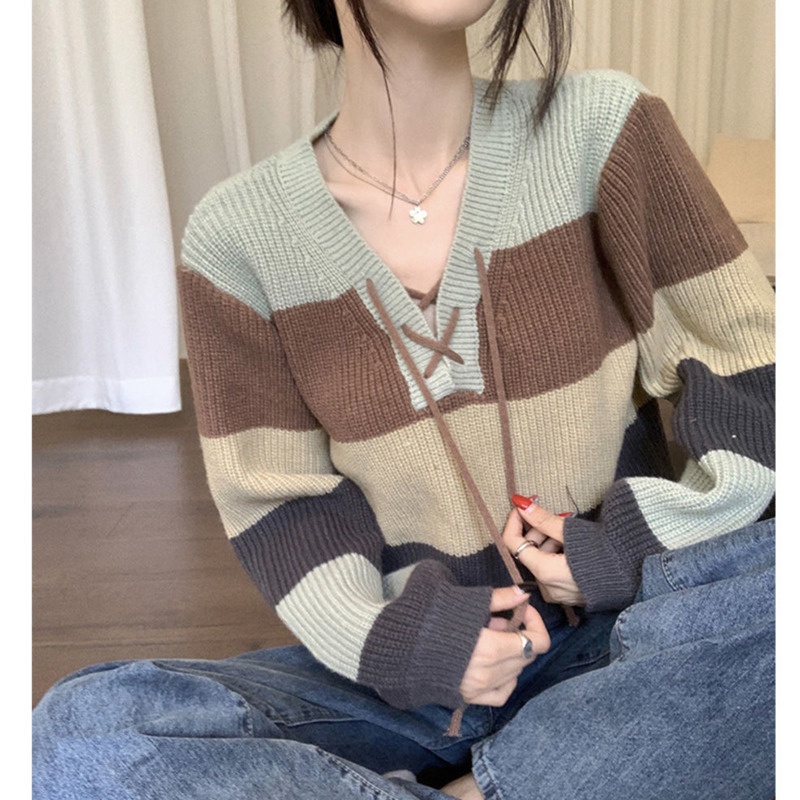 Áo Sweater Tay Dài Kẻ Sọc Màu Sắc Tương Phản Phong Cách Hàn Quốc