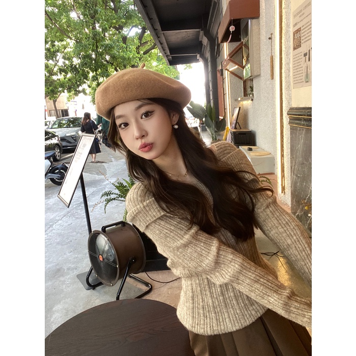 ZHELIHANGFEI Áo Len Tay Dài Trễ Vai Theo Phong Cách Pháp Dễ Phối Đồ