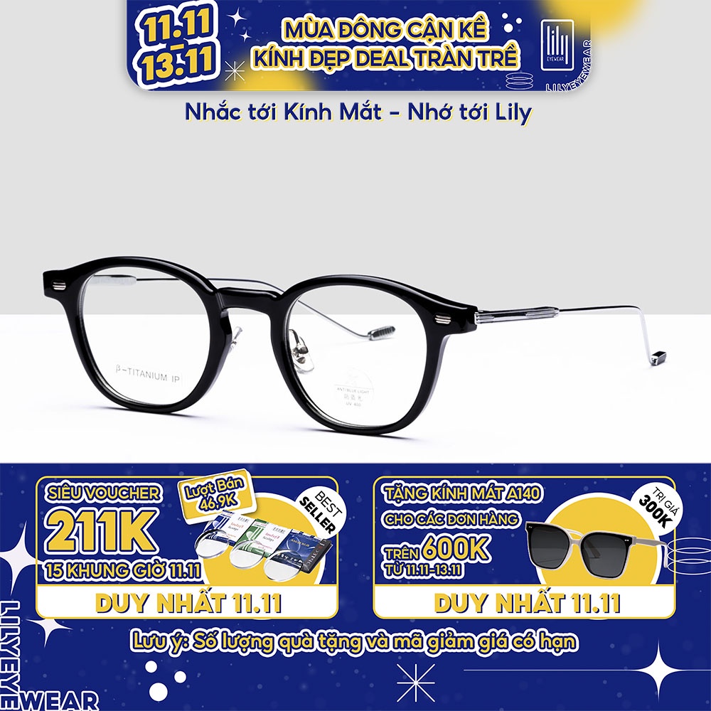 Gọng kính cận nam nữ LILYEYEWEAR mắt tròn càng TITANIUM thiết kế thời trang 22004
