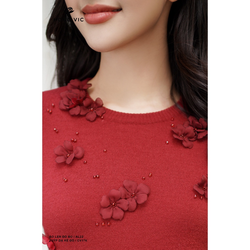 Áo len nữ thiết kế Hong Vic đỏ bo dài tay AL22