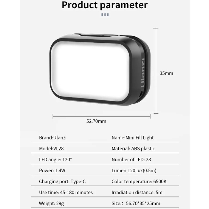ULANZI VL28  - Đèn LED Siêu Mini, Đi Kèm Tấm Tản Sáng - Hàng Chính Hãng