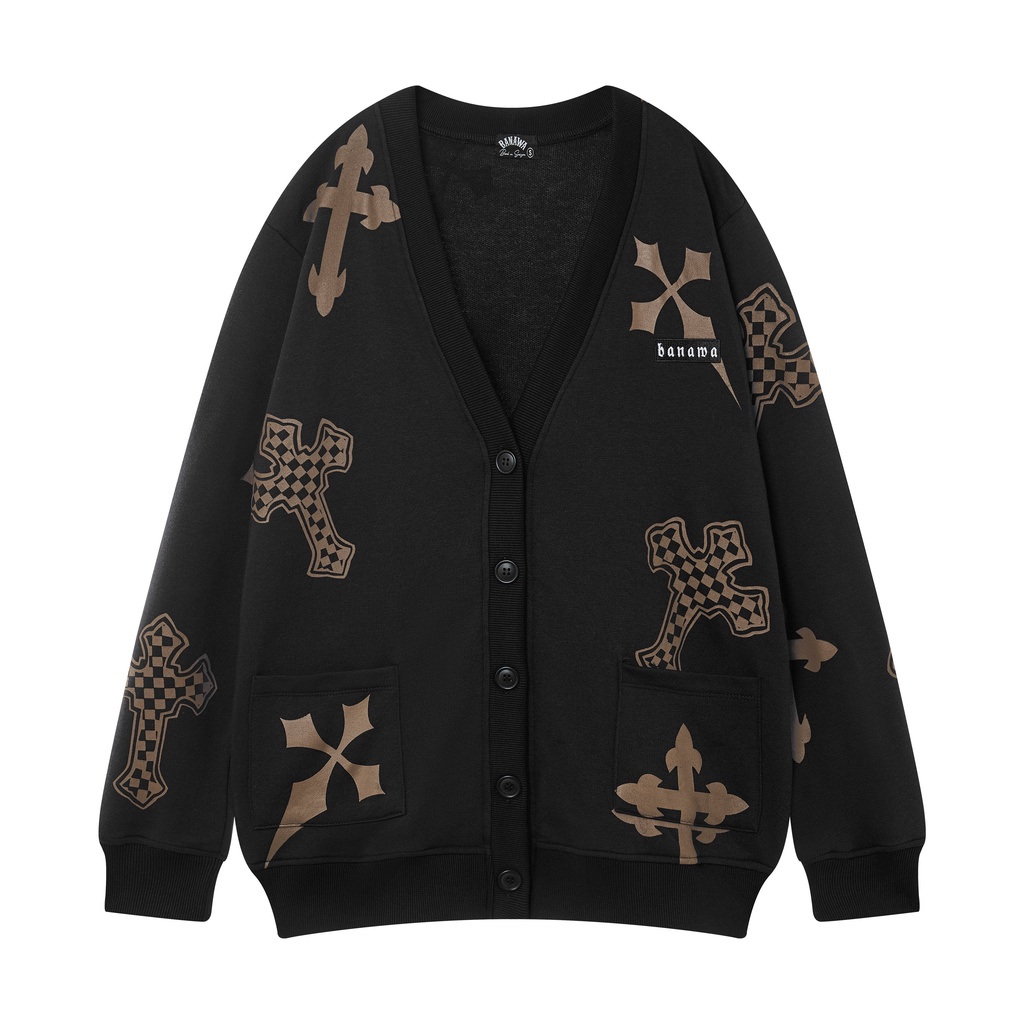 Áo khoác cardigan Banawa nam nữ unisex tay dài cổ V in logo thương hiệu - Gothic Cardigan - Màu đen chữ nâu