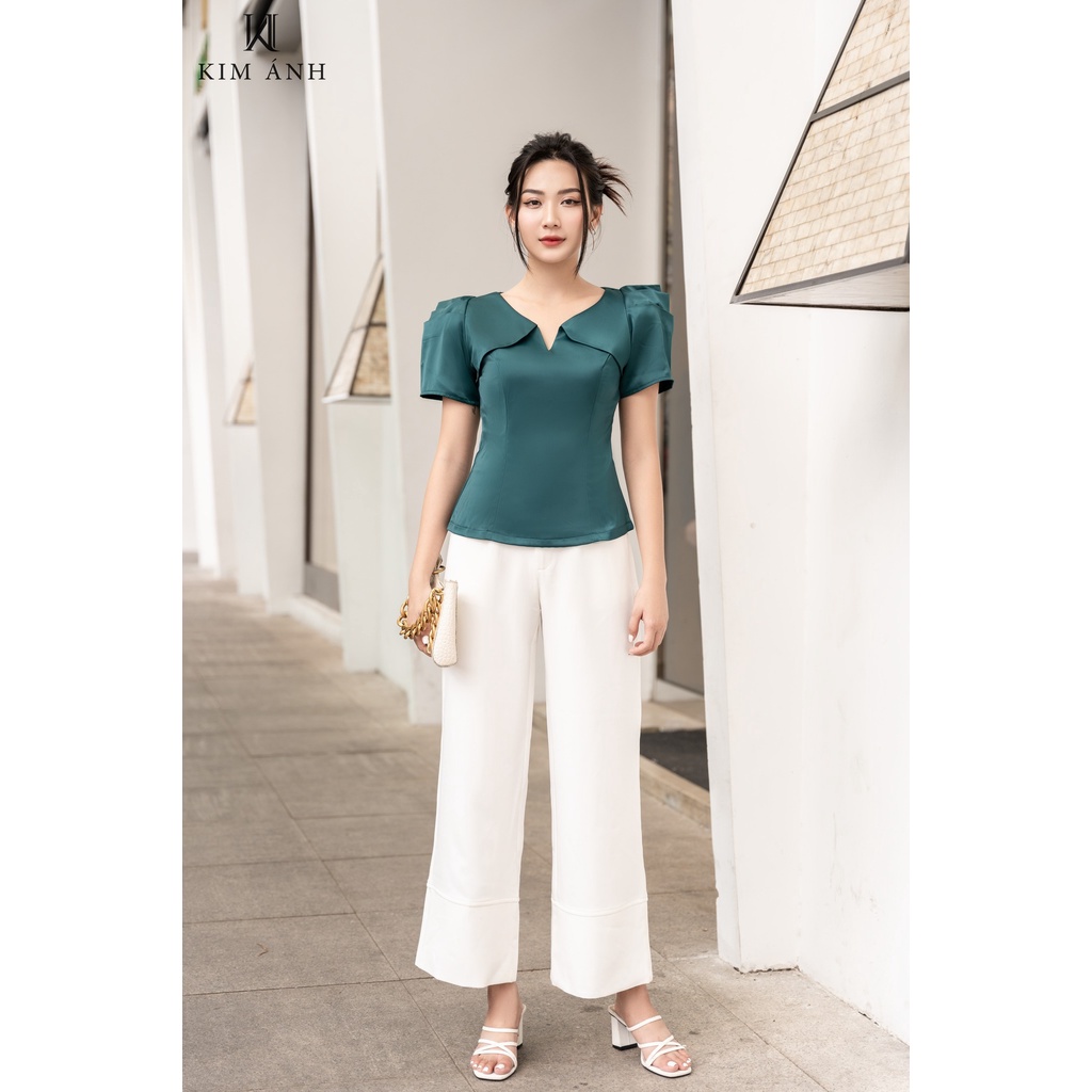 Áo Kiểu Sơ Mi Nữ Kim Ánh Tay Ngắn  Lụa Hàn Họa Tiết Trơn Phong Cách Công Sở  Nhiều Kích Thước AKSX20003