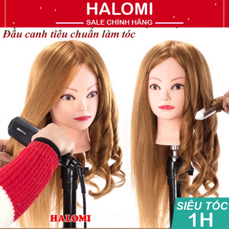 Đầu manocanh học tóc chịu nhiệt HALOMI 60% tóc thật uốn duỗi chịu nhiệt tốt Tặng kèm chân đế TRANCI