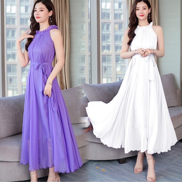 Đầm maxi cổ yếm xếp ly dáng dài cột nơ eo chất voan cao cấp 2 lớp, Váy nữ đi biển thắt nơ eo nhẹ nhàng V152