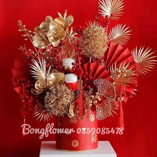 Cành lá rẻ quạt, tai chuột, cành đào đông giả phủ vàng mix đào đông siêu đẹp.
