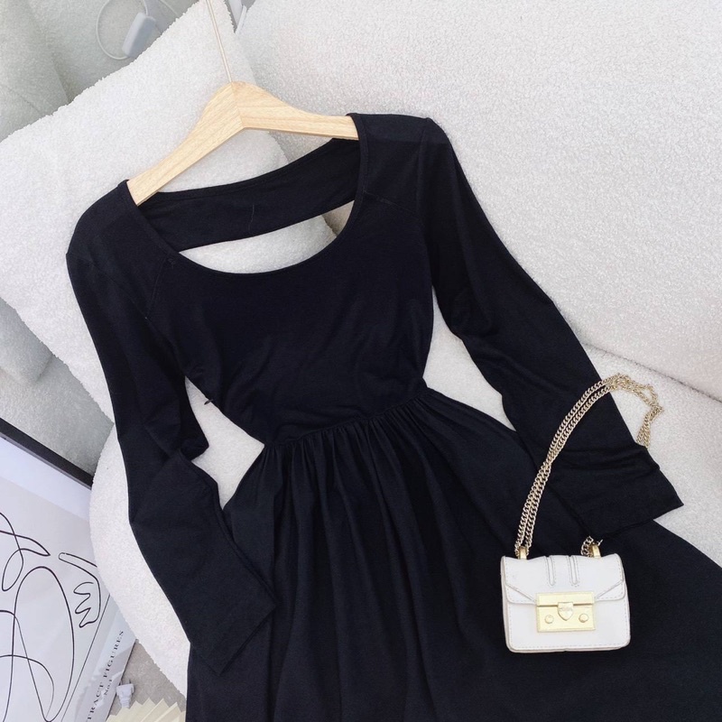 Đầm maxi đen tay dài khoét lưng - Ảnh thật shop chụp, đầm dài, đầm xoè