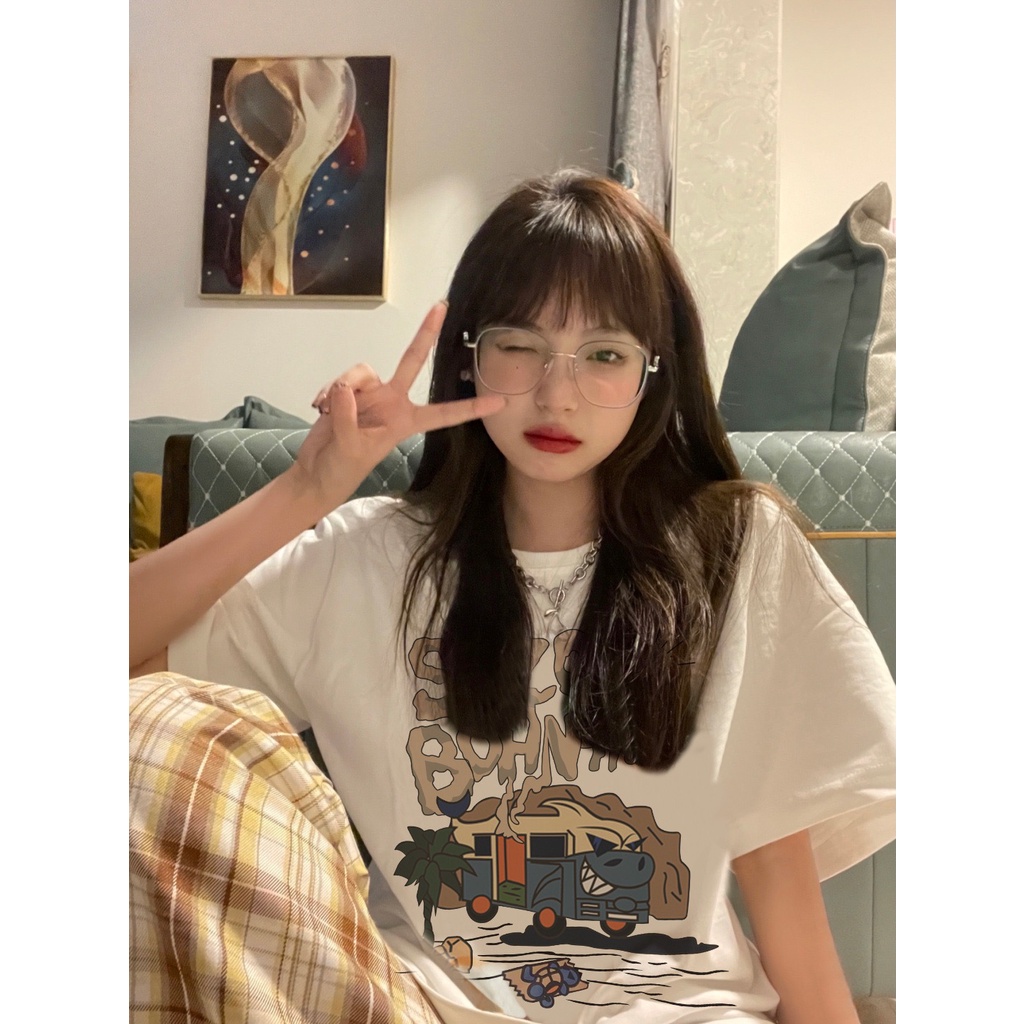 Áo Thun Ngắn Tay Dáng Rộng In Họa Tiết Dễ Thương Phong Cách Hàn Quốc