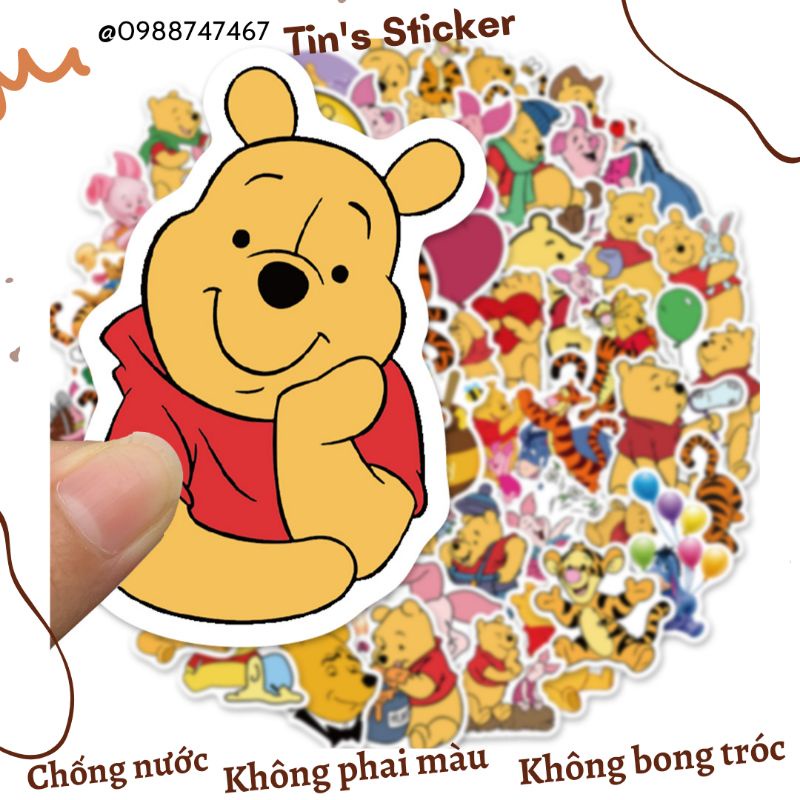 Set combo 50 miếng dán sticker hoạt hình gấu Winnie The Pooh chống thấm nước dán nón mũ bảo hiểm laptop vali sổ sách
