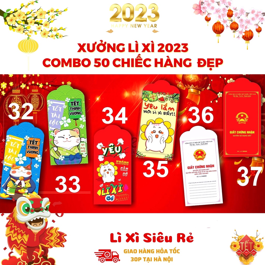 Bao lì xì 2023 Tết hot trend COMBO 50c mẫu 32-37 dễ thương, phong lixi đỏ truyền thống chibi đẹp độc lạ sỉ lẻ giá rẻ