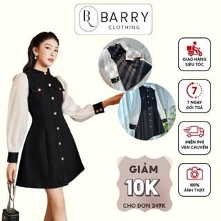 Đầm nữ thiết kế váy liền cổ tròn chiết eo tay bồng phối cúc