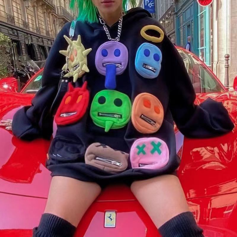 Áo Sweatshirt Có Mũ Trùm Đầu Dáng Rộng Thiết Kế Hình Mặt Cười Phương Tây Âu Mỹ Cho Nữ