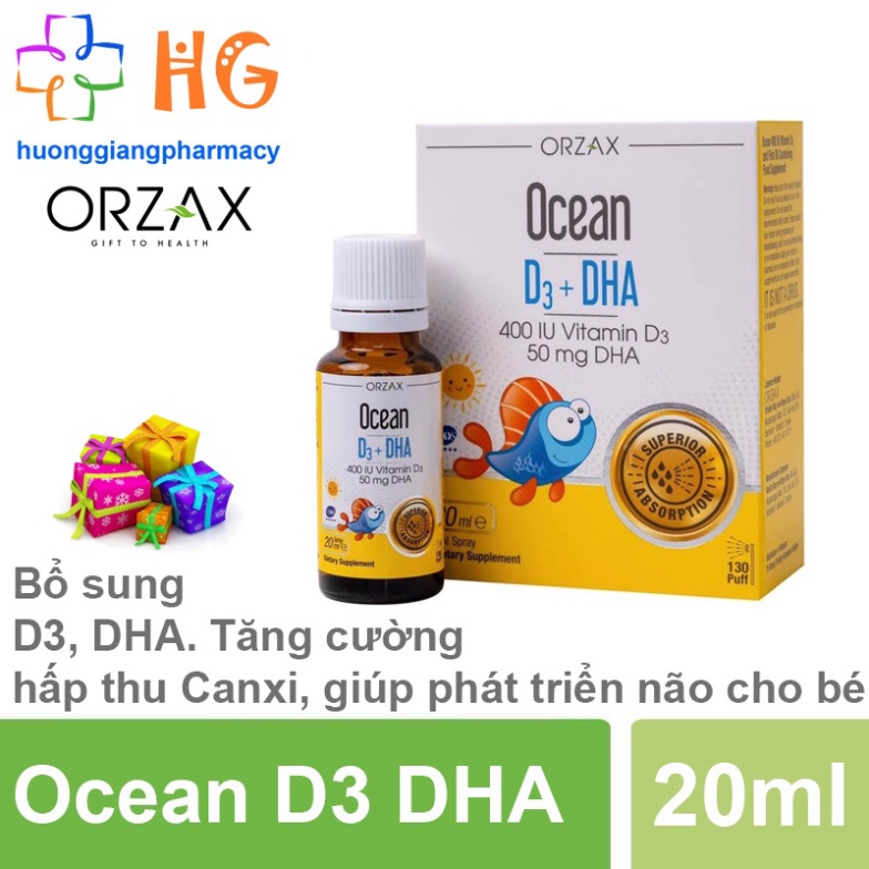 Ocean D3 DHA Vitamin d3 dha cho bé Dầu cá Omega 3 Canxi Tăng chiều cao Phát triển trí não cho trẻ Xịt Nhỏ giọt Lọ 20ml -