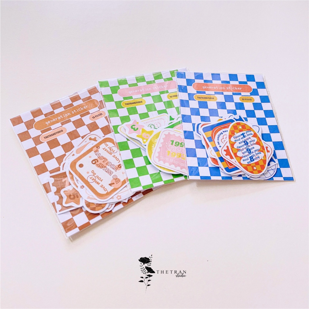 Bộ 15 sticker cute họa tiết bàn cờ caro ô vuông năm sinh / generation sticker pack / thetranstudio