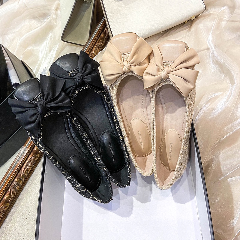 Giày Búp Bê Đế Mềm Dày Dặn Mũi Vuông Đính Nơ 2.5cm Phong Cách Thời Trang Dành Cho Nữ