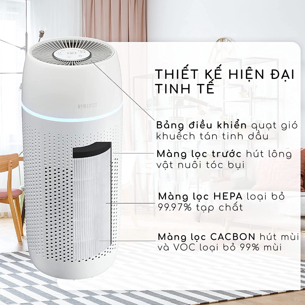 Máy lọc không khí khử mùi và lông động vật Homedics AP-PET35-WT của Nhà HT Beauty, màng lọc Hepa loại bỏ 99% vi khuẩn