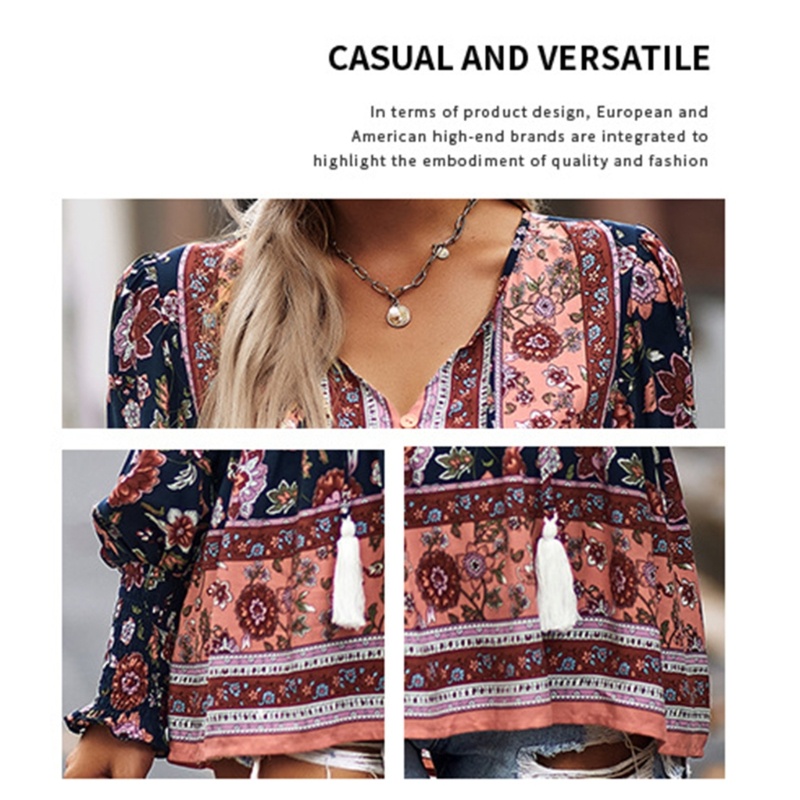 Áo Kiểu Tay Phồng Dài Dáng Rộng Cổ Chữ V Phối Dây Rút In Hoa Thời Trang Xinh Xắn Cho Nữ