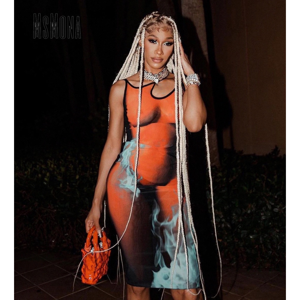 MsMona Đầm Midi Không Tay Ôm Dáng In Họa Tiết Nhiều Màu Sắc Thời Trang 2022 Cho Nữ