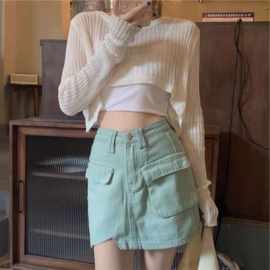 Set áo dài tay phong cách ulzzang thiết kế trẻ trung chất thun len đũa hàng có sẵn tại Hana Store