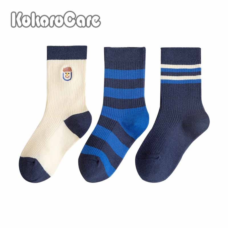 Set 3 Đôi Vớ Giữ Ấm Mùa Đông Thêu Họa Tiết Sọc Xanh Dương Cho Bé Trai S / M 1-8 Tuổi Kokorocre YSZ-50 2022
