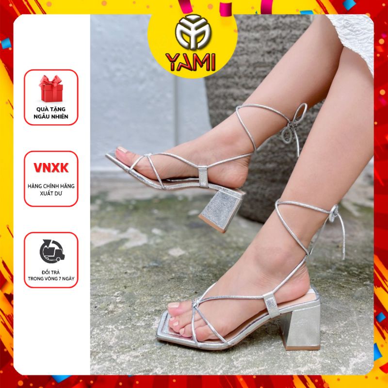 Giày Cao Gót Sandal Chiến Binh Xỏ Ngón Dây Quấn Gót Vuông 7 Phân Màu Bạc, Sandal Size 39, Giày VNXK Chính Hãng Xuất Dư